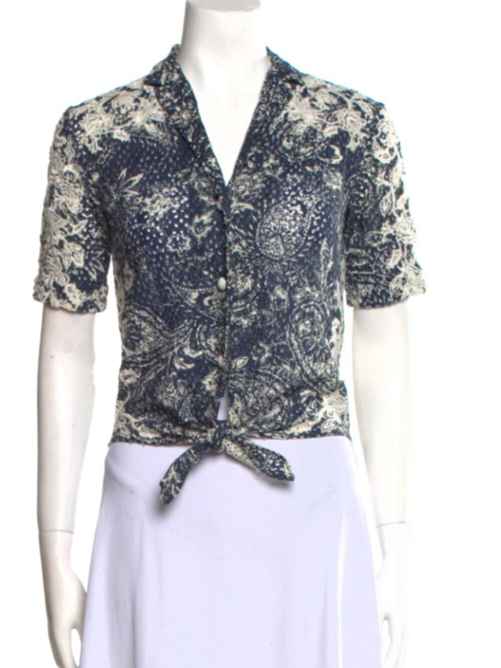 Isabel Marant Blue & Ivory Embroidered Button Down Crop Top Size 34 / 2